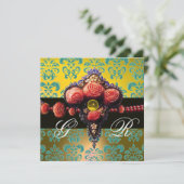 ROTE KORALE ROSE, AQUA BLUE YELLOW DAMASK MONOGRAM EINLADUNG (Stehend Vorderseite)