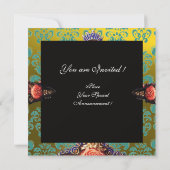 ROTE KORALE ROSE, AQUA BLUE YELLOW DAMASK MONOGRAM EINLADUNG (Rückseite)