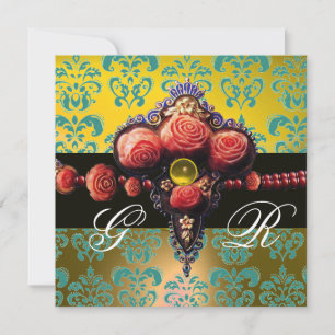 ROTE KORALE ROSE, AQUA BLUE YELLOW DAMASK MONOGRAM EINLADUNG