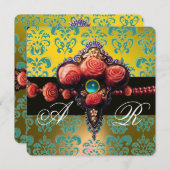ROTE KORALE ROSE, AQUA BLUE YELLOW DAMASK MONOGRAM EINLADUNG (Vorne/Hinten)