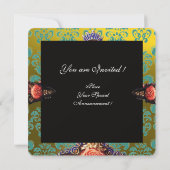 ROTE KORALE ROSE, AQUA BLUE YELLOW DAMASK MONOGRAM EINLADUNG (Rückseite)