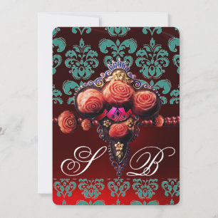 ROTE KORALE ROSE, AQUAMARINES BLUE BLACK DAMASK MO EINLADUNG