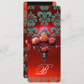 ROTE KORALE ROSE, AQUAMARINES BLUE BLACK DAMASK MO EINLADUNG (Vorne/Hinten)