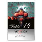 ROTE KORALE ROSE, BLACK BLAU WHUE DAMASK MONOGRAM TISCHNUMMER (Rückseite)