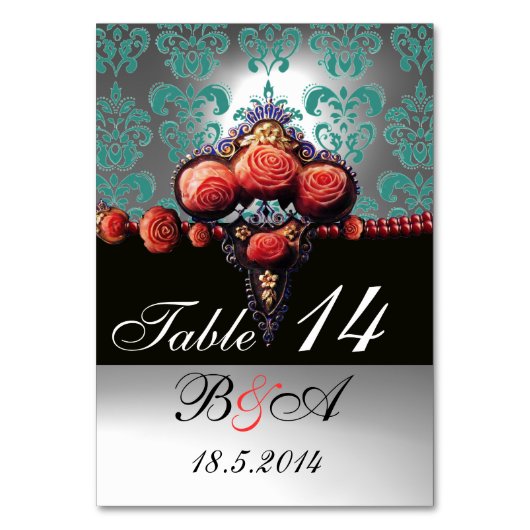 ROTE KORALE ROSE, BLACK BLAU WHUE DAMASK MONOGRAM TISCHNUMMER (Vorderseite)