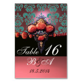 ROTE KORALE ROSE, BLACK BLUE PINK DAMASK MONOGRAMM TISCHNUMMER (Rückseite)