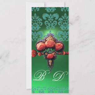 ROTE KORALE ROSE, BLAUE GREEN BLACK DAMASK MONOGRA EINLADUNG