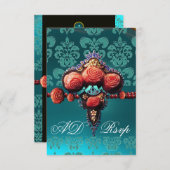 ROTE KORALE ROSE, BLUE BLACK DAMASK MONOGRAMM UAWG RSVP KARTE (Vorne/Hinten)