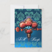 ROTE KORALE ROSE, BLUE BLACK DAMASK MONOGRAMM UAWG RSVP KARTE (Vorderseite)