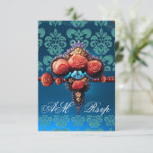 ROTE KORALE ROSE, BLUE BLACK DAMASK MONOGRAMM UAWG RSVP KARTE (Stehend Vorderseite)