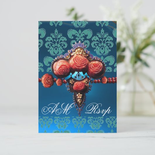 ROTE KORALE ROSE, BLUE BLACK DAMASK MONOGRAMM UAWG RSVP KARTE (Stehend Vorderseite)