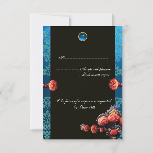 ROTE KORALE ROSE, BLUE BLACK DAMASK MONOGRAMM UAWG RSVP KARTE (Rückseite)