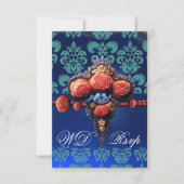ROTE KORALE ROSE, BLUE BLACK DAMASK MONOGRAMM UAWG RSVP KARTE (Vorderseite)