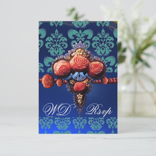 ROTE KORALE ROSE, BLUE BLACK DAMASK MONOGRAMM UAWG RSVP KARTE (Stehend Vorderseite)
