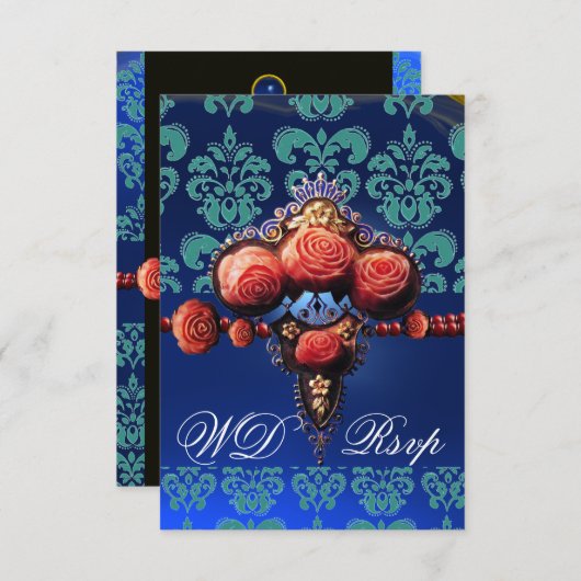 ROTE KORALE ROSE, BLUE BLACK DAMASK MONOGRAMM UAWG RSVP KARTE (Vorne/Hinten)