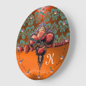 ROTE KORALE ROSE, BLUE ORANGE DAMASK MONOGRAMM GROßE WANDUHR (Winkel)