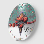 ROTE KORALE ROSE, BLUE WHUE DAMASK MONOGRAM GROßE WANDUHR (Winkel)