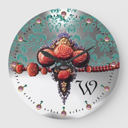 ROTE KORALE ROSE, BLUE WHUE DAMASK MONOGRAM GROßE WANDUHR (Vorderseite)
