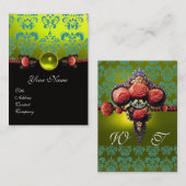 ROTE KORALE ROSE, GRÜN GELB SCHWARZES DAMASK-MONOG VISITENKARTE (Vorne/Hinten)