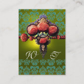 ROTE KORALE ROSE, GRÜN GELB SCHWARZES DAMASK-MONOG VISITENKARTE (Rückseite)