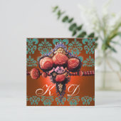 ROTE KORALE ROSE, ORANBLAUES BLACK DAMASK MONOGRAM EINLADUNG (Stehend Vorderseite)