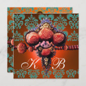 ROTE KORALE ROSE, ORANGE BLAU GOLD DAMASK MONOGRAM EINLADUNG (Vorne/Hinten)