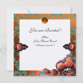 ROTE KORALE ROSE, ORANGE BLAU GOLD DAMASK MONOGRAM EINLADUNG (Rückseite)