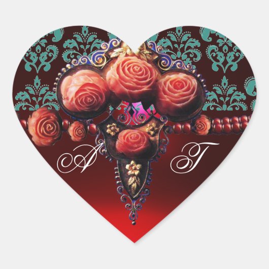 ROTE KORALE ROSE, RUBY DAMASK HERZMONOGRAMM Herz-Aufkleber (Vorderseite)