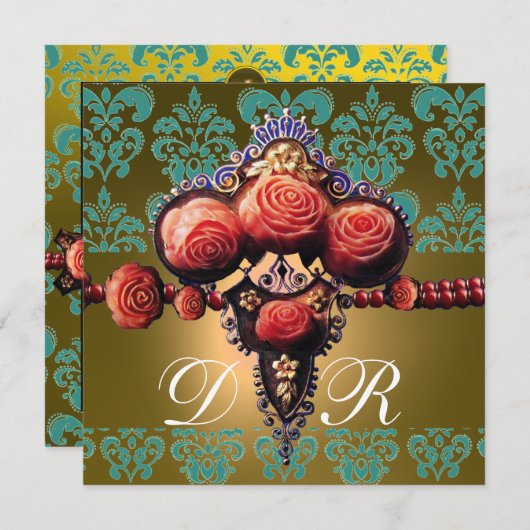 ROTE KORALE ROSE, SCHWARZE, GRÜN GELBE DAMASK-MONO EINLADUNG (Vorne/Hinten)