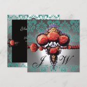 ROTE KORALE ROSE, SCHWARZES GRÜNES WEISSES DAMASK- EINLADUNG (Vorne/Hinten)