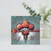 ROTE KORALE ROSE, SCHWARZES GRÜNES WEISSES DAMASK- EINLADUNG (Stehend Vorderseite)