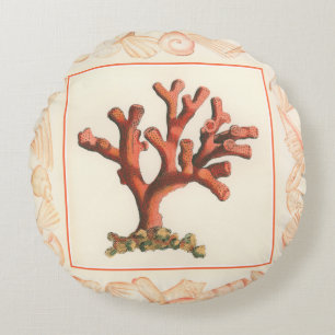 Rote Koralle mit Tritonshorn-Muschel-Grenze Rundes Kissen