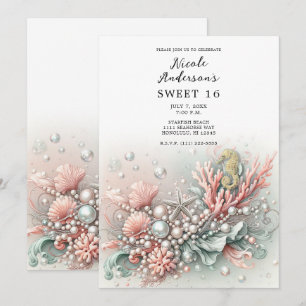 Rote Koralle und Perlen unter dem Meer Süße 16 Einladung