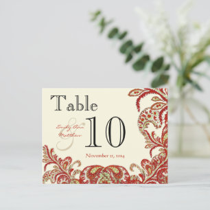 Rote Korallen-Lime-Paisley-Hochzeitstisch-Nummer Postkarte