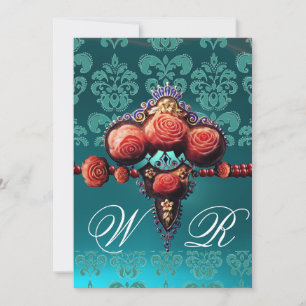 ROTE KORALLEN ROSEN, AQUA BLAUE SCHWARZE DAMAST-MO EINLADUNG