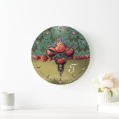 ROTE KORALLEN-ROSEN, BLAUES GRAU-DAMAST-MONOGRAMM GROßE WANDUHR (Zuhause)