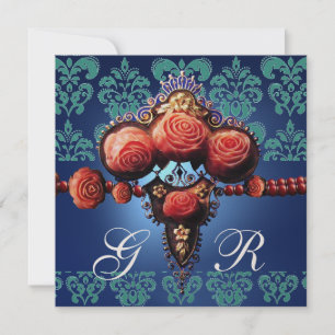 ROTE KORALLENROSEN, AQUA BLAUER GOLD DAMAST MONOGR EINLADUNG