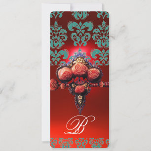 ROTE KORALLENROSEN, BLAUGRÜN SCHWARZER DAMAST-MONO EINLADUNG