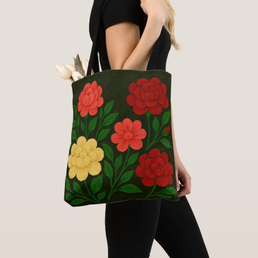 Rote, korallenrote und gelbe Blume Tasche (Von Nahem)