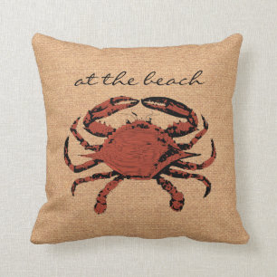 Rote Krabben-Illustration - Nautische Jute Strandh Kissen