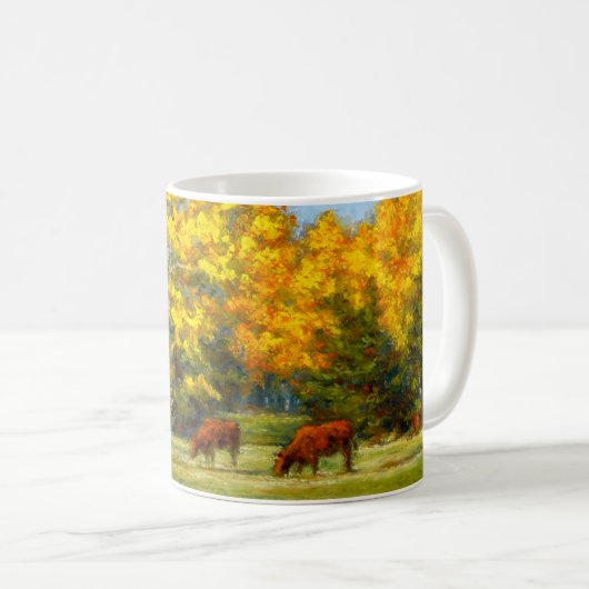 Rote Kühe unter gelber Fall-Baum-Tasse Kaffeetasse (VorderseiteRechts)