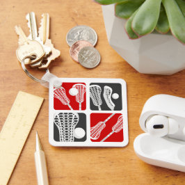 Rote Lacrosse Blöcke von Sticks und Balls Schlüsselanhänger