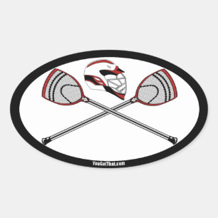 Rote Lacrosse-Goalie-Sticks und Helm Ovaler Aufkleber