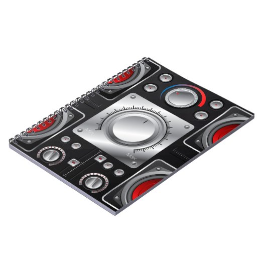 Rote Lautsprecher mit Verstärker und Kontrolle Knö Notizblock (Linke Seite)