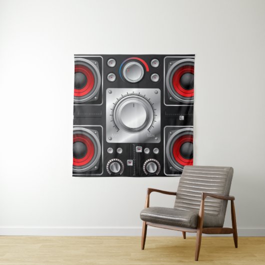 Rote Lautsprecher mit Verstärker und Kontrolle Knö Wandteppich (Beispiel)