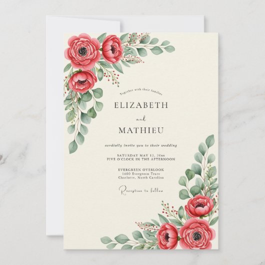 Rote lebendige botanische Hochzeit Einladung (Vorderseite)