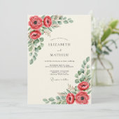 Rote lebendige botanische Hochzeit Einladung (Stehend Vorderseite)