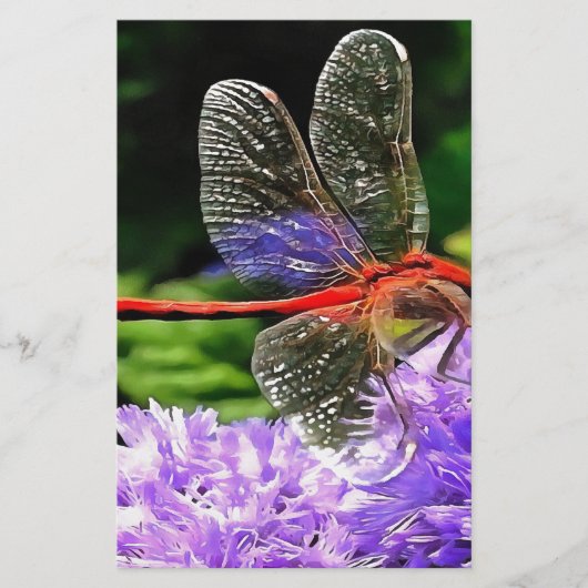Rote Libelle auf Violet Purple Blumen Briefpapier (Vorderseite)