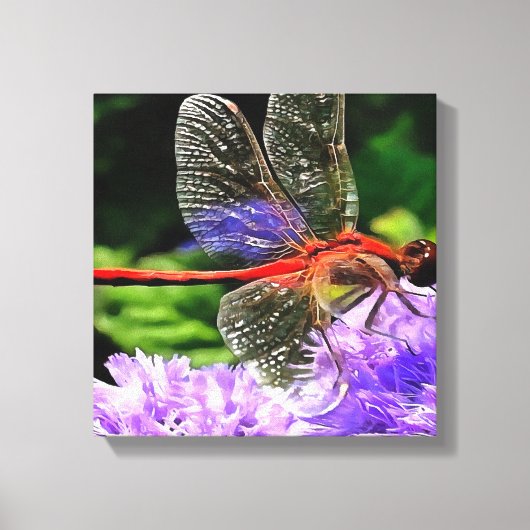 Rote Libelle auf Violet Purple Blumen Leinwanddruck (Vorderseite)