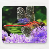 Rote Libelle auf Violet Purple Blumen Mousepad (Vorne)